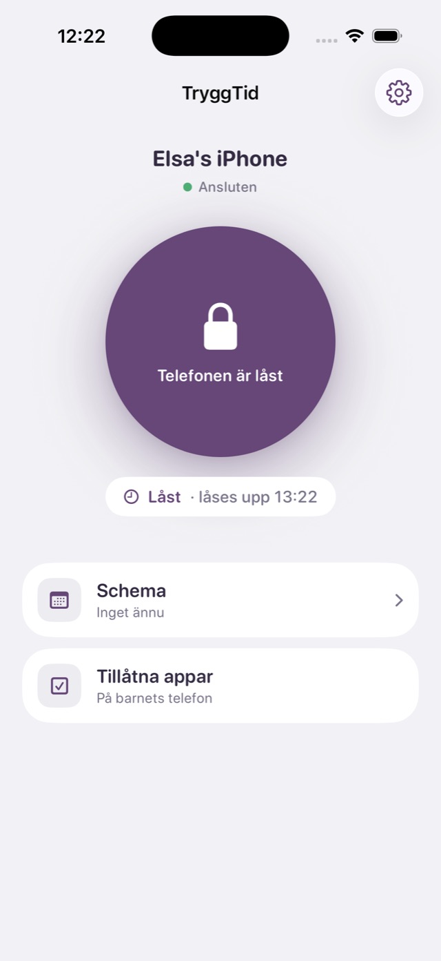 Blok på förälderns iPhone: knappen är lila och barnets telefon är låst till 13:22